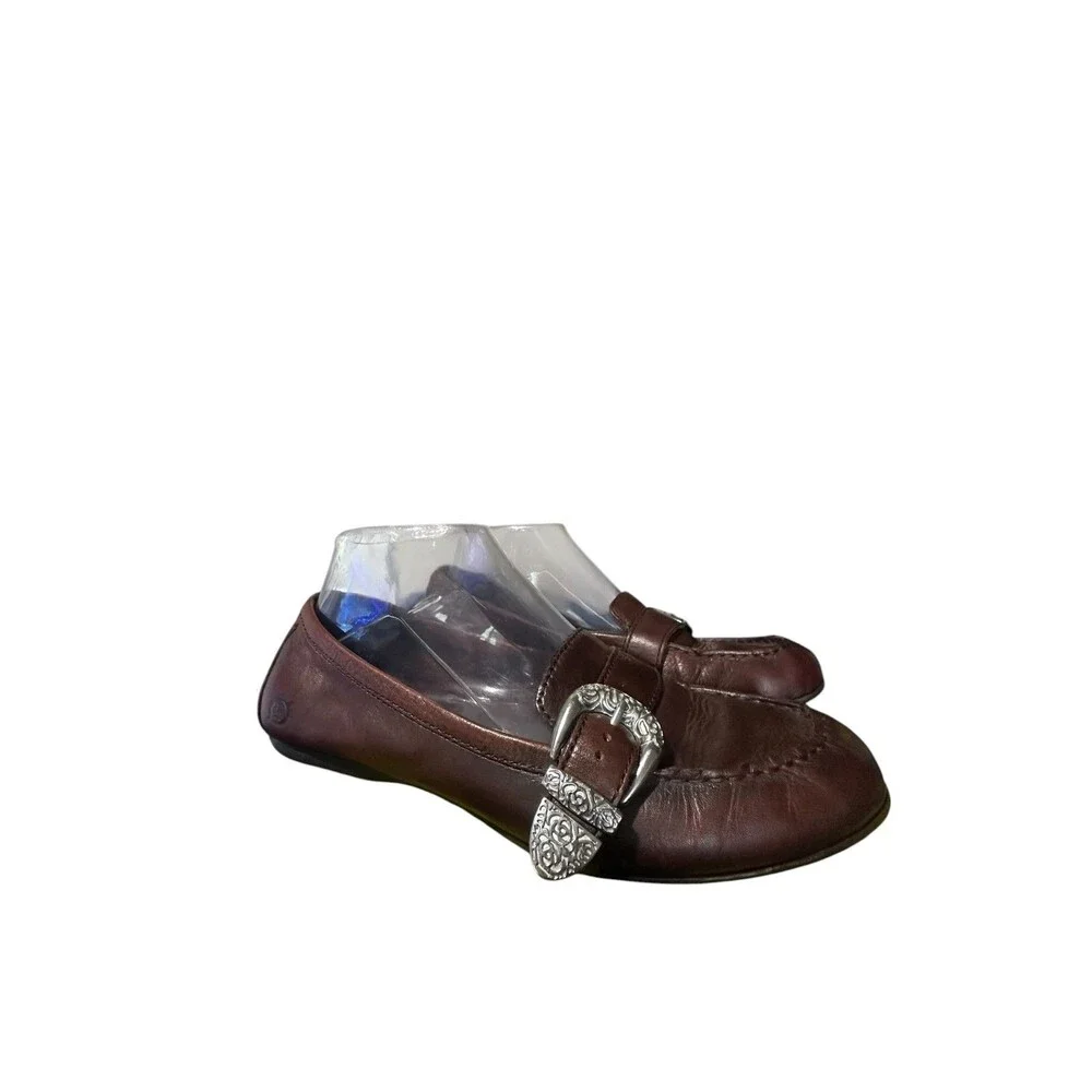 Born Brown Leather Slip On Loafers Size 7.5M Silver Buckle Boho Flats Outdoor